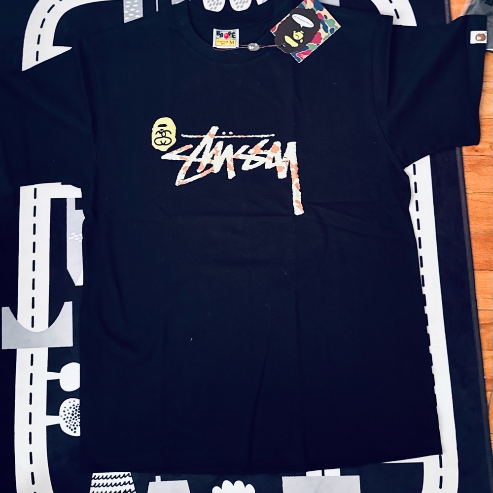 BAPE Shark Graphic Tee x Stüssy Style Logo Print, Short Sleeve T-Shirt M